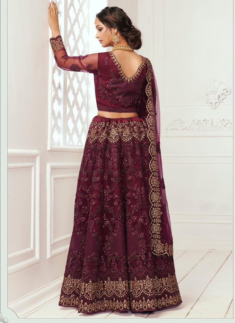 Wine Net Embroidered Wedding Lehenga