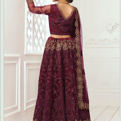 Wine Net Embroidered Wedding Lehenga
