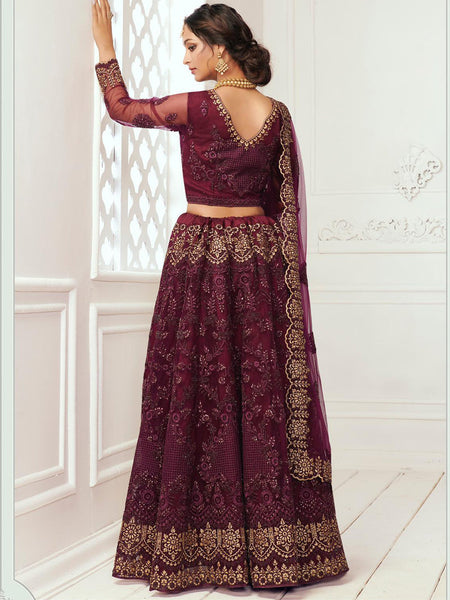 Wine Net Embroidered Wedding Lehenga
