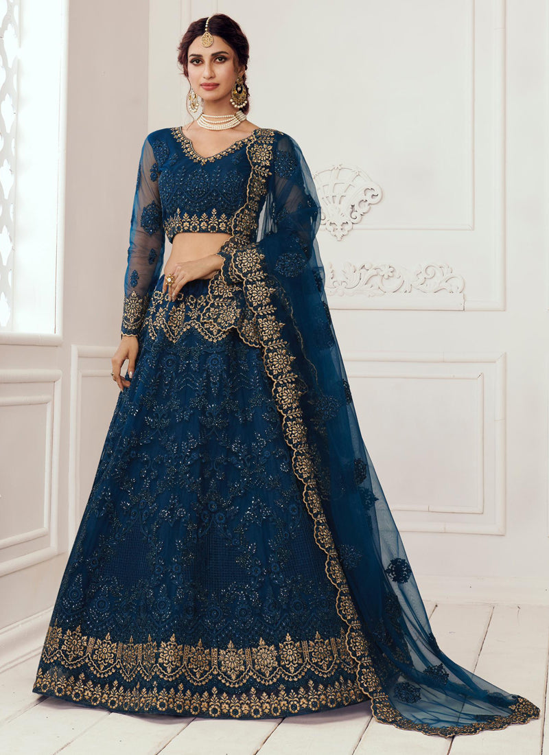 Blue Net Embroidered Wedding Lehenga