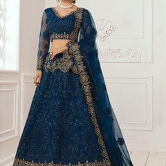 Blue Net Embroidered Wedding Lehenga