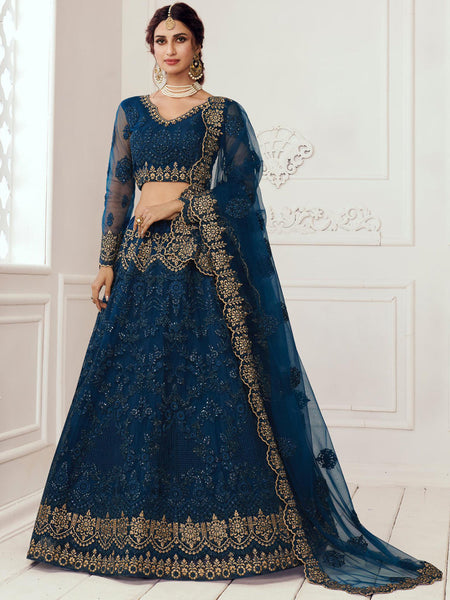 Blue Net Embroidered Wedding Lehenga