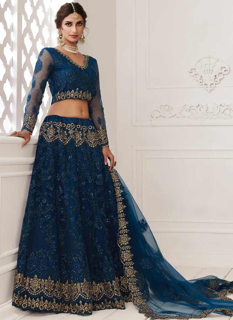 Blue Net Embroidered Wedding Lehenga