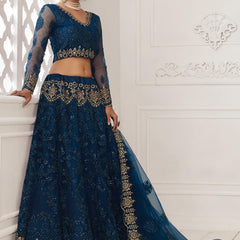 Blue Net Embroidered Wedding Lehenga