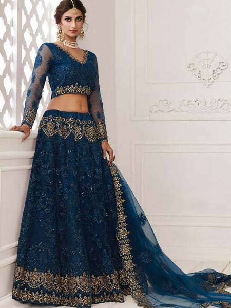 Blue Net Embroidered Wedding Lehenga
