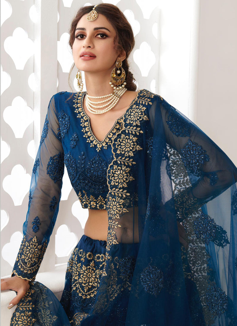 Blue Net Embroidered Wedding Lehenga