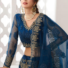 Blue Net Embroidered Wedding Lehenga