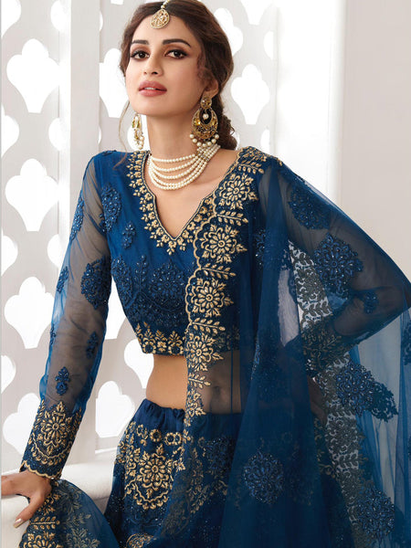 Blue Net Embroidered Wedding Lehenga