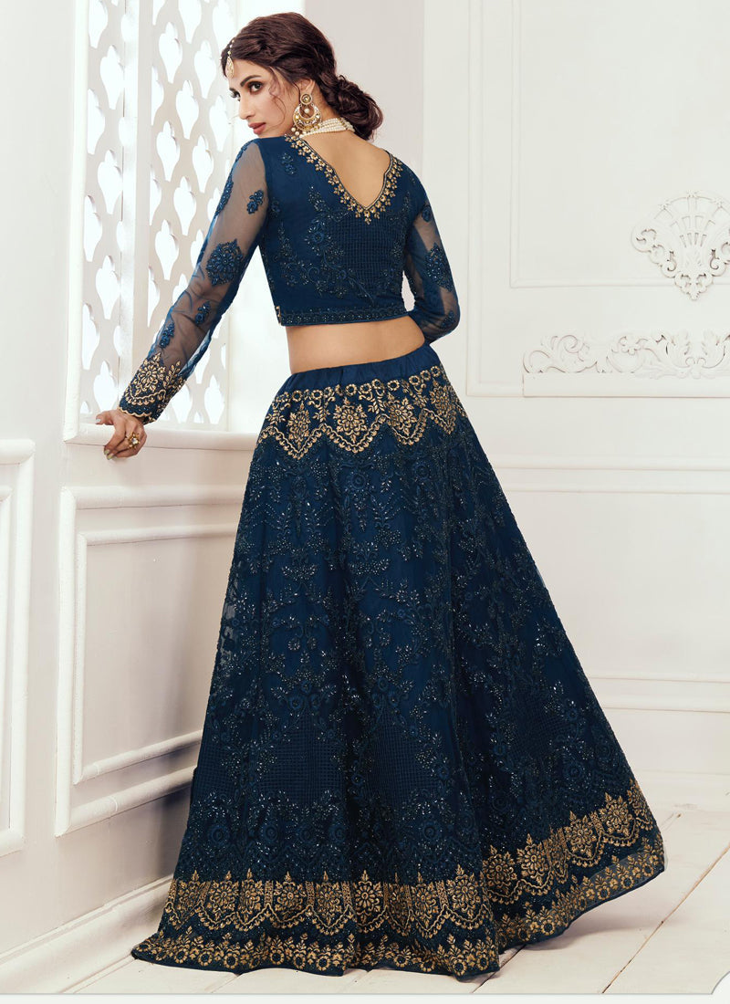 Blue Net Embroidered Wedding Lehenga