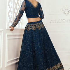 Blue Net Embroidered Wedding Lehenga