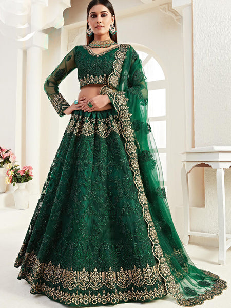 Green Net Embroidered Wedding Lehenga