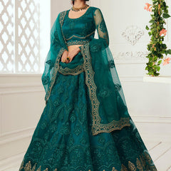 Teal Green Net Embroidered Wedding Lehenga