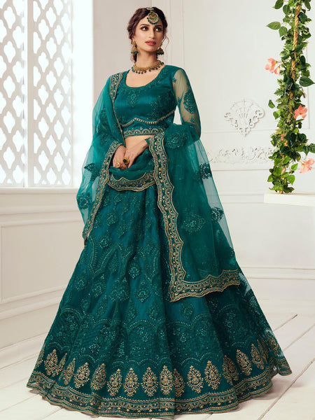 Teal Green Net Embroidered Wedding Lehenga