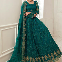 Teal Green Net Embroidered Wedding Lehenga