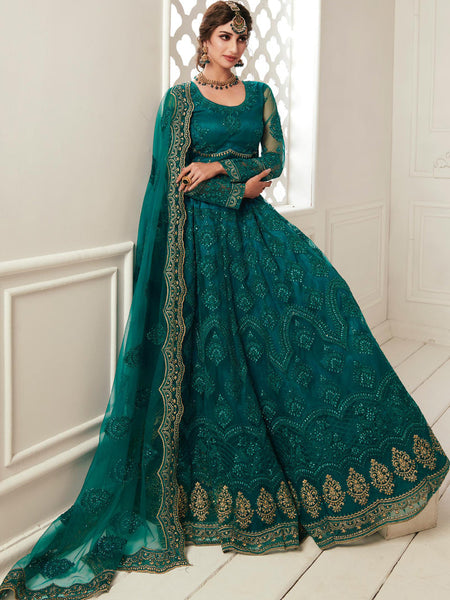 Teal Green Net Embroidered Wedding Lehenga