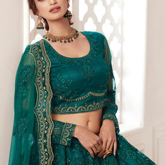 Teal Green Net Embroidered Wedding Lehenga