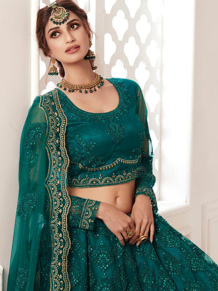 Teal Green Net Embroidered Wedding Lehenga