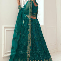 Teal Green Net Embroidered Wedding Lehenga