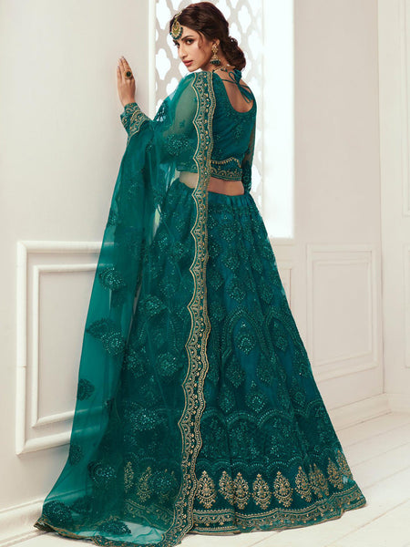 Teal Green Net Embroidered Wedding Lehenga
