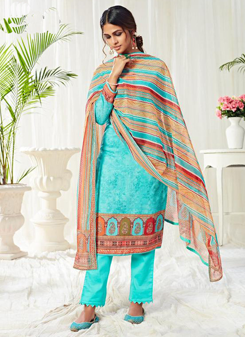 Sky Blue Cotton Digital Printed Swarovski Work Salwar Suit
