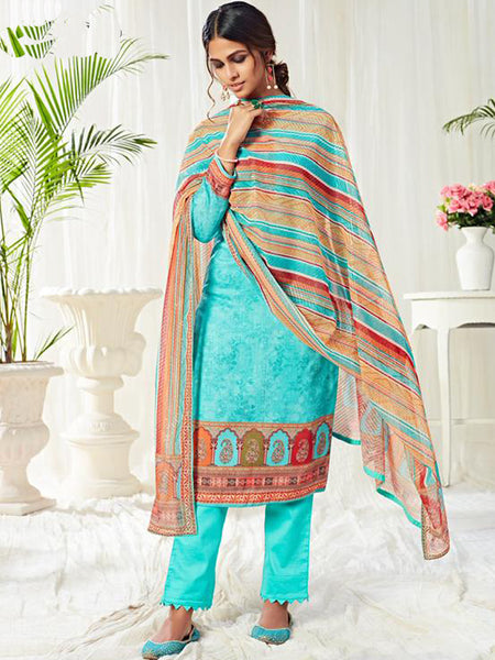Sky Blue Cotton Digital Printed Swarovski Work Salwar Suit