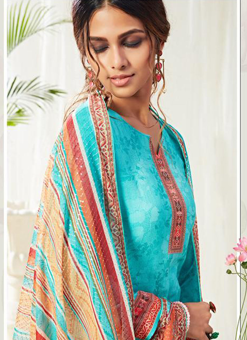 Sky Blue Cotton Digital Printed Swarovski Work Salwar Suit