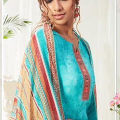 Sky Blue Cotton Digital Printed Swarovski Work Salwar Suit