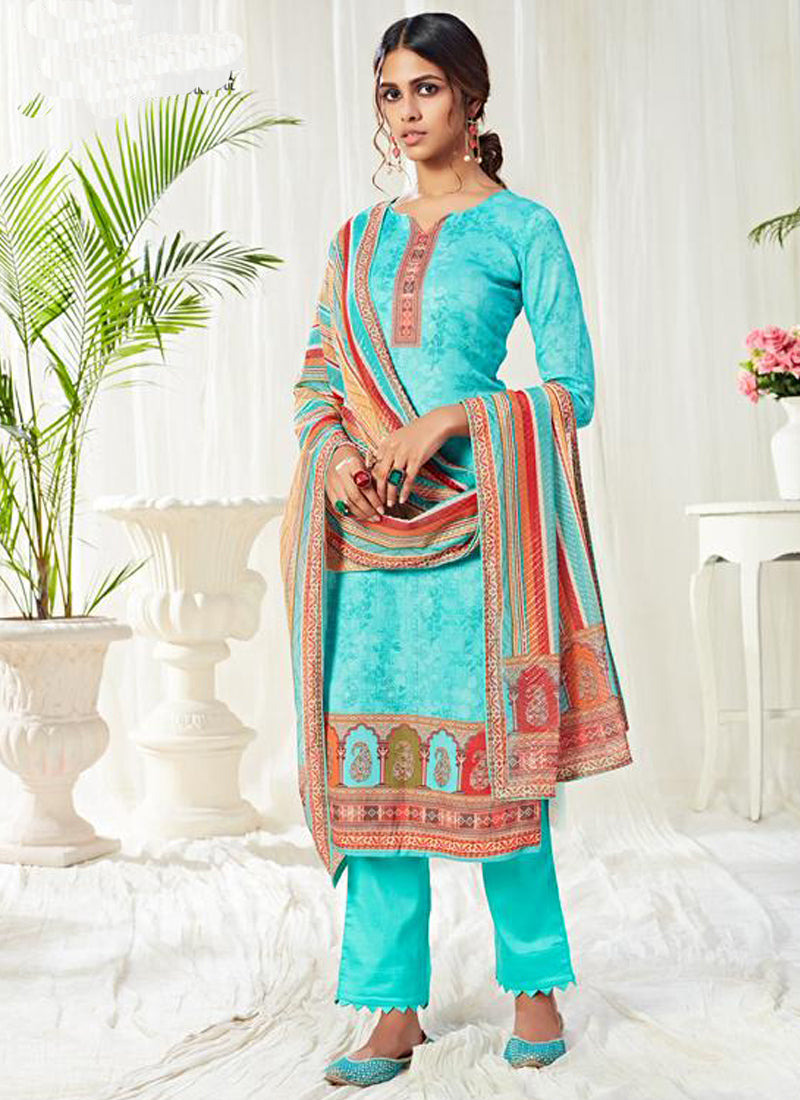 Sky Blue Cotton Digital Printed Swarovski Work Salwar Suit