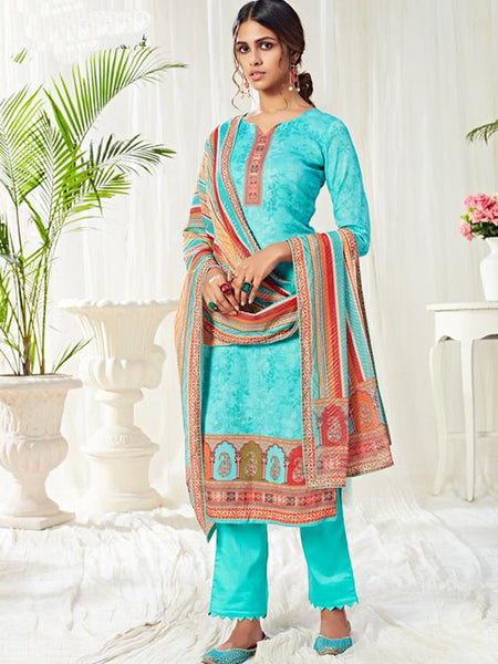 Sky Blue Cotton Digital Printed Swarovski Work Salwar Suit