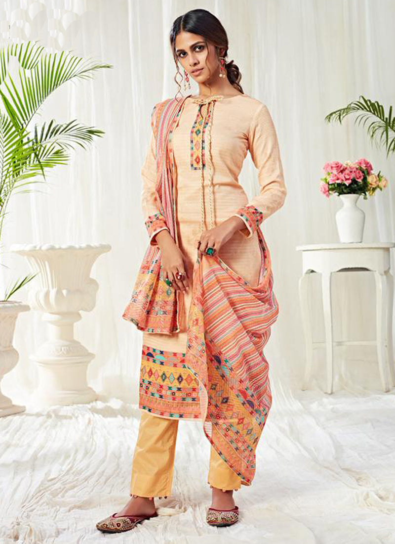 Elegant Cream Cotton Suit with Digital Print & Swarovski Work