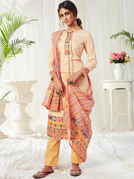 Elegant Cream Cotton Suit with Digital Print & Swarovski Work