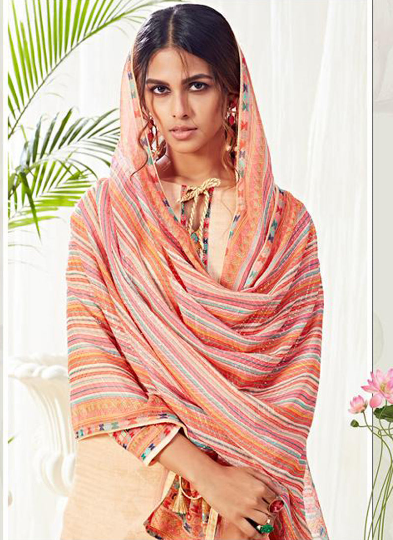 Elegant Cream Cotton Suit with Digital Print & Swarovski Work
