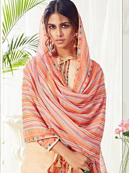 Elegant Cream Cotton Suit with Digital Print & Swarovski Work