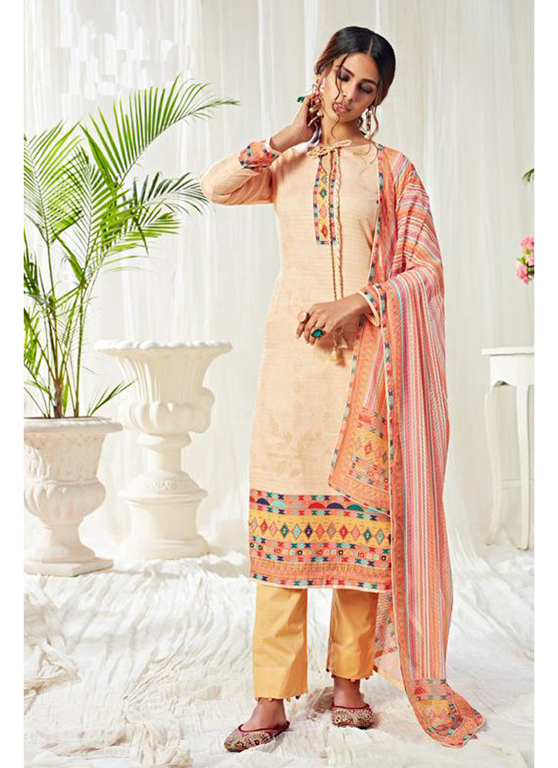 Elegant Cream Cotton Suit with Digital Print & Swarovski Work