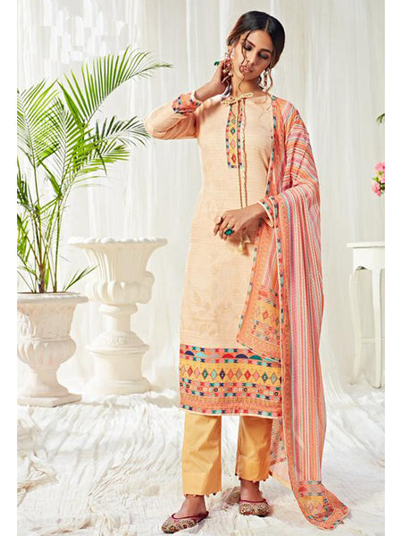 Elegant Cream Cotton Suit with Digital Print & Swarovski Work