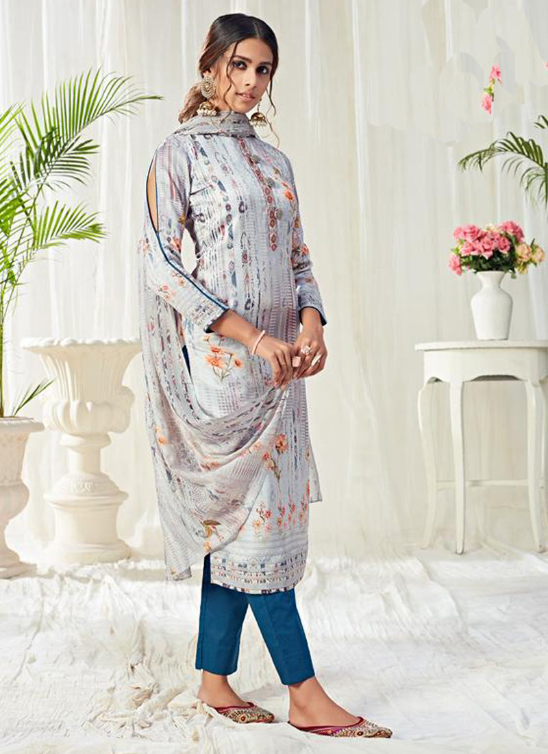 Light Blue Cotton Digital Printed Swarovski Work Salwar Suit