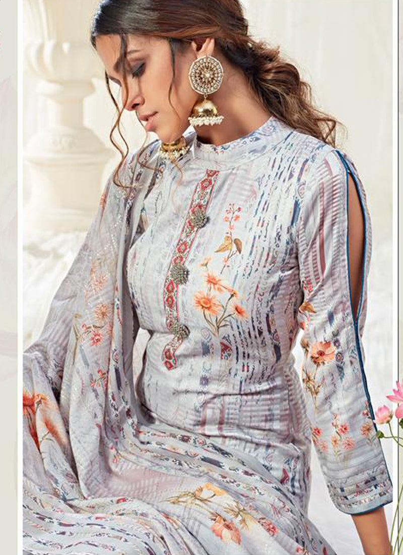 Light Blue Cotton Digital Printed Swarovski Work Salwar Suit