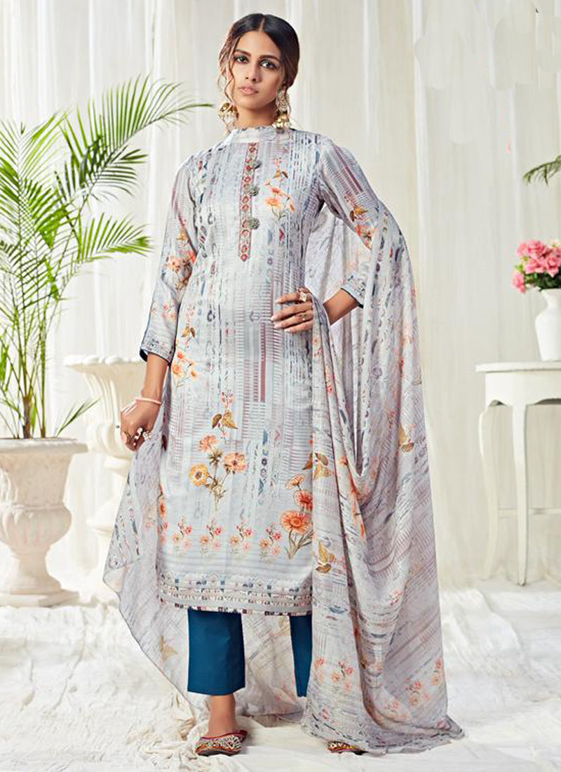Light Blue Cotton Digital Printed Swarovski Work Salwar Suit