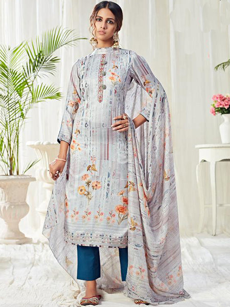 Light Blue Cotton Digital Printed Swarovski Work Salwar Suit