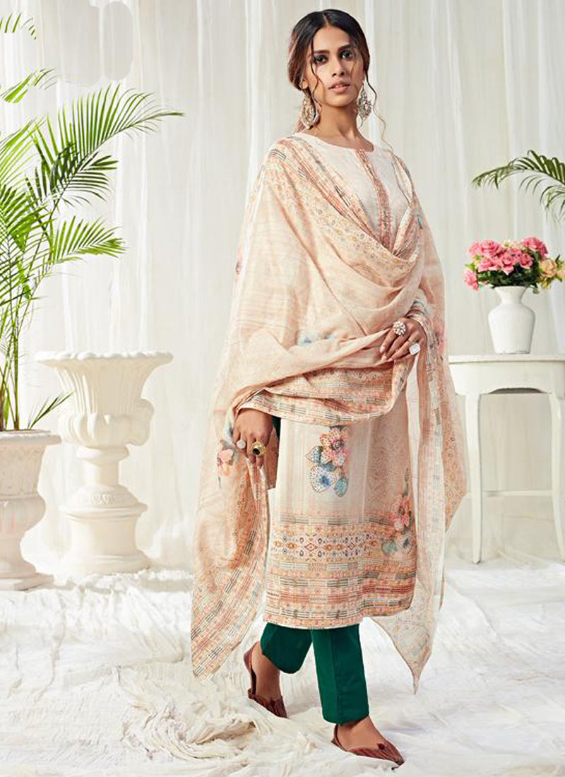 Off White Cotton Digital Printed Swarovski Work Salwar Suit