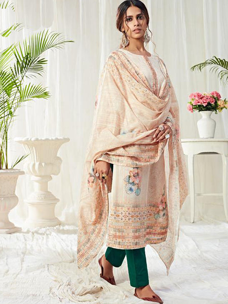 Off White Cotton Digital Printed Swarovski Work Salwar Suit