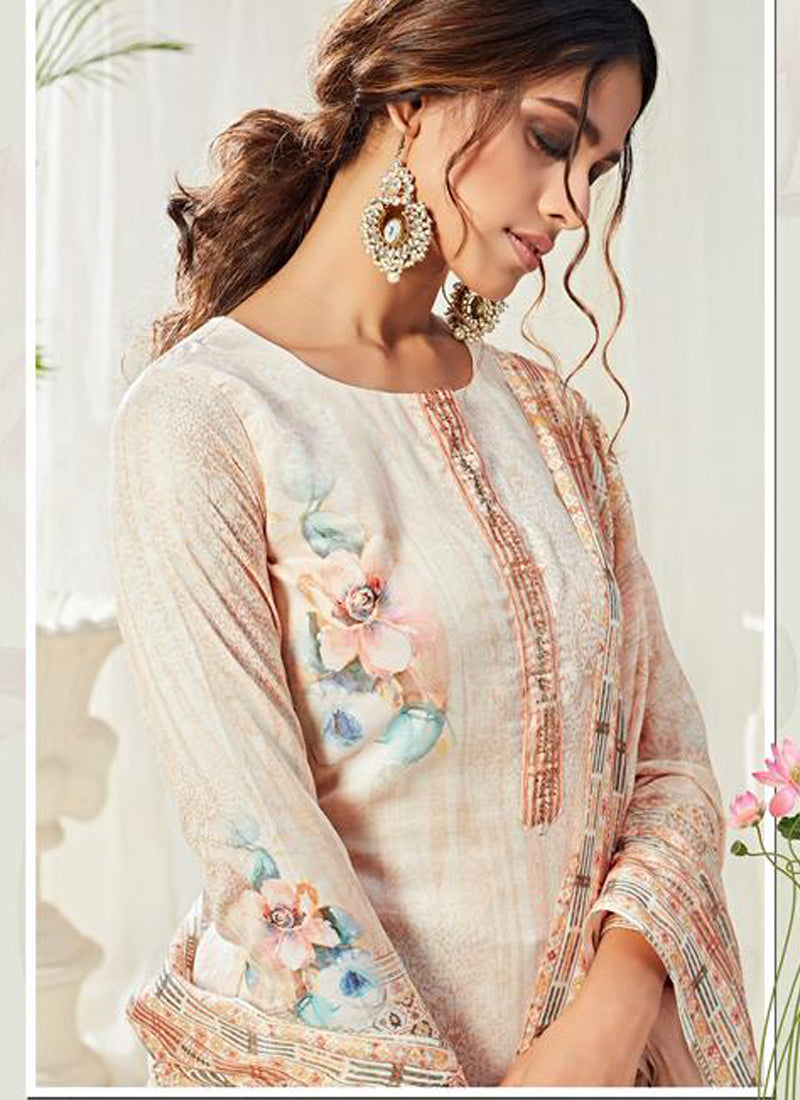 Off White Cotton Digital Printed Swarovski Work Salwar Suit