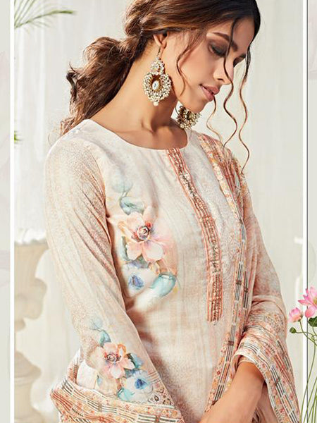 Off White Cotton Digital Printed Swarovski Work Salwar Suit