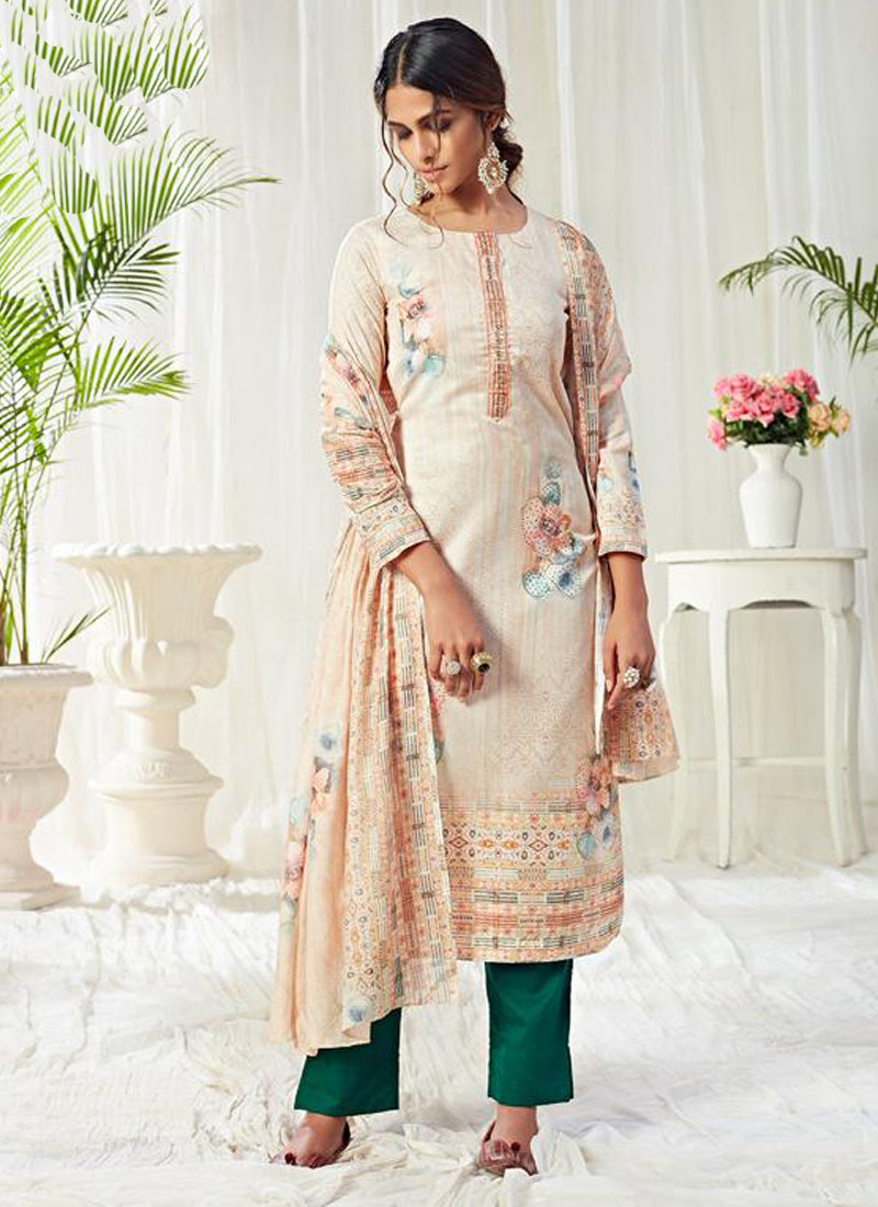 Off White Cotton Digital Printed Swarovski Work Salwar Suit