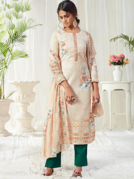 Off White Cotton Digital Printed Swarovski Work Salwar Suit