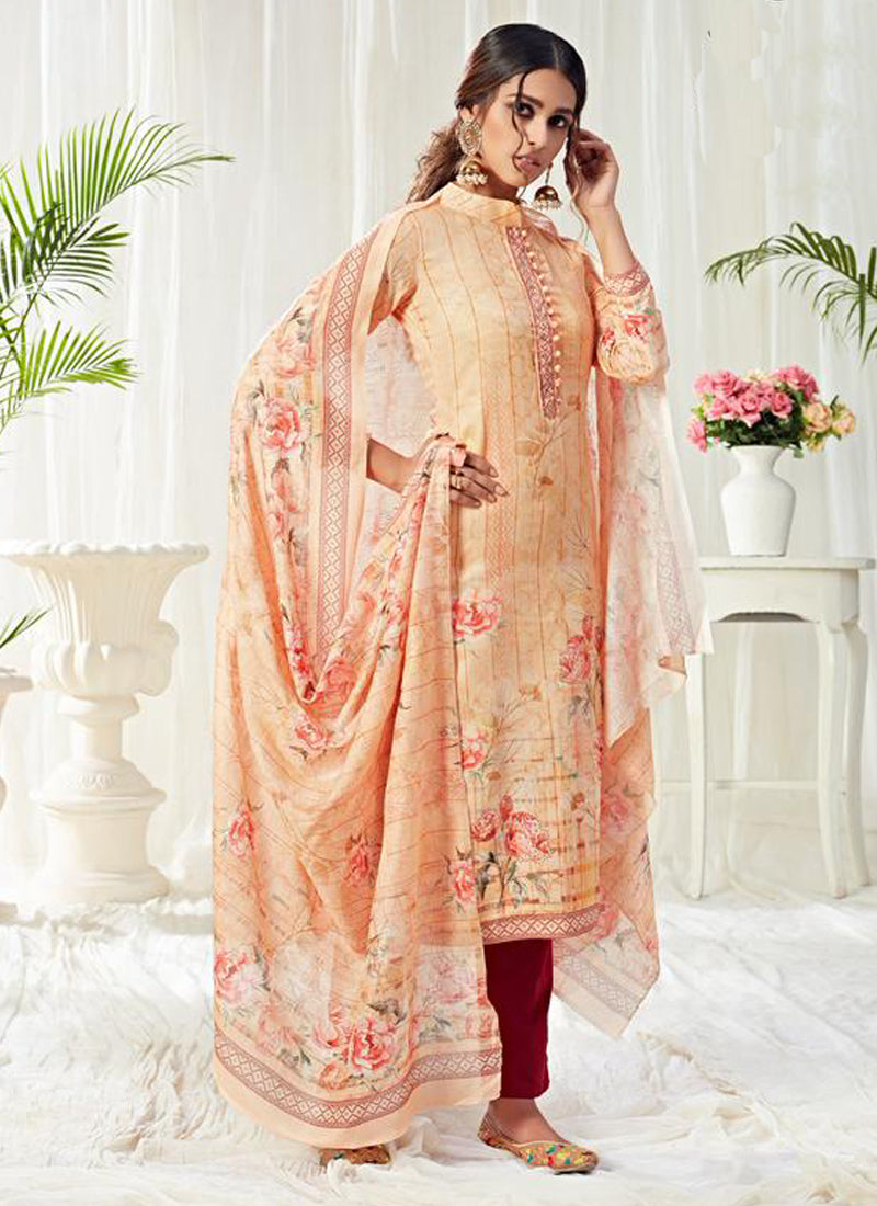 Cream Cotton Digital Printed Swarovski Work Salwar Suit