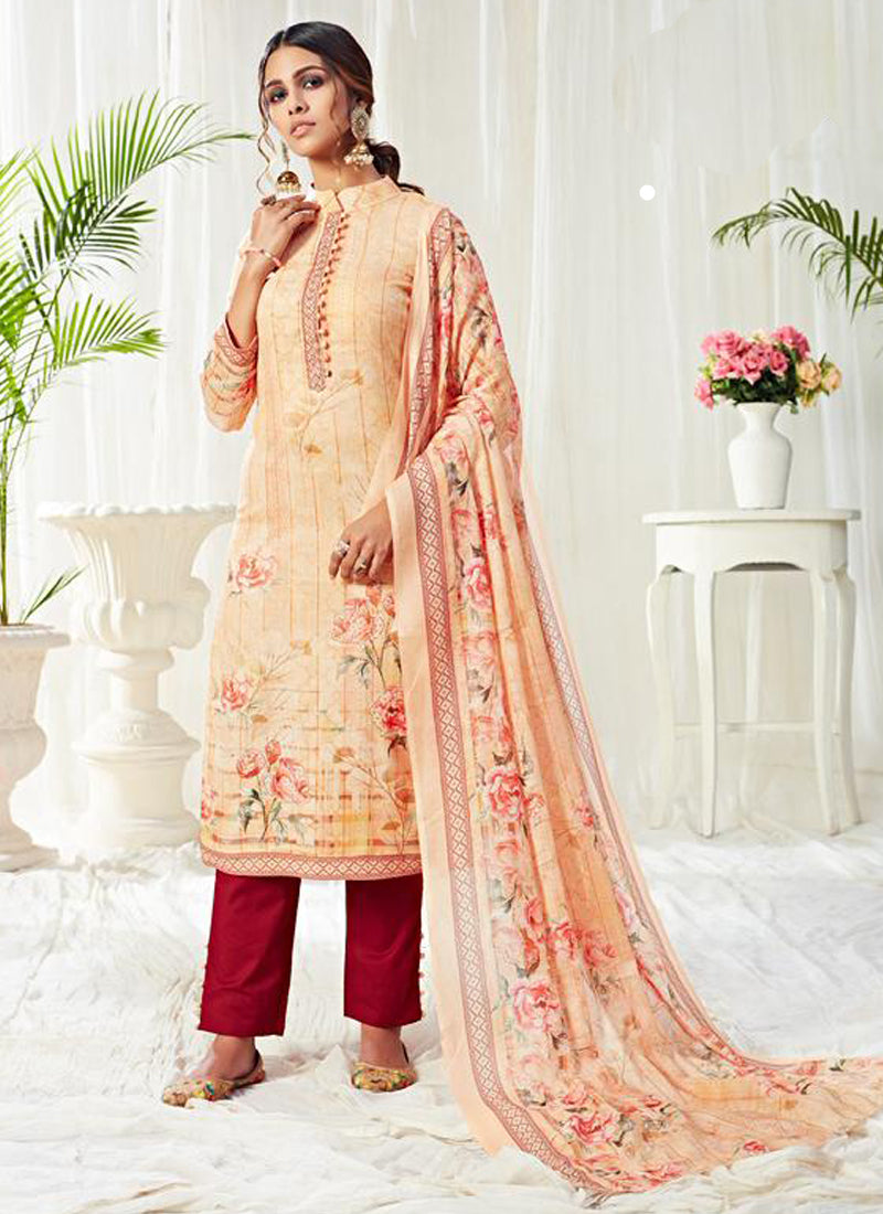 Cream Cotton Digital Printed Swarovski Work Salwar Suit