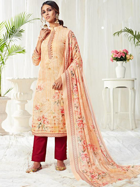 Cream Cotton Digital Printed Swarovski Work Salwar Suit