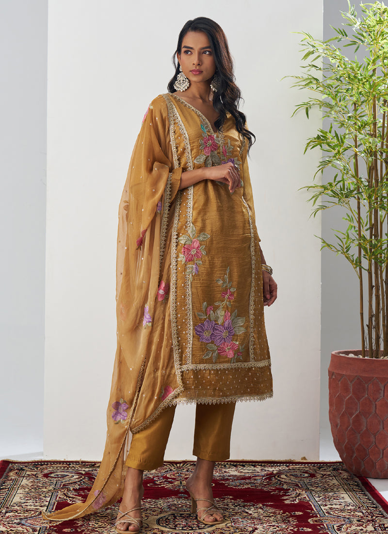 Mustard Fancy Crust Top Embroidered Salwar Suit