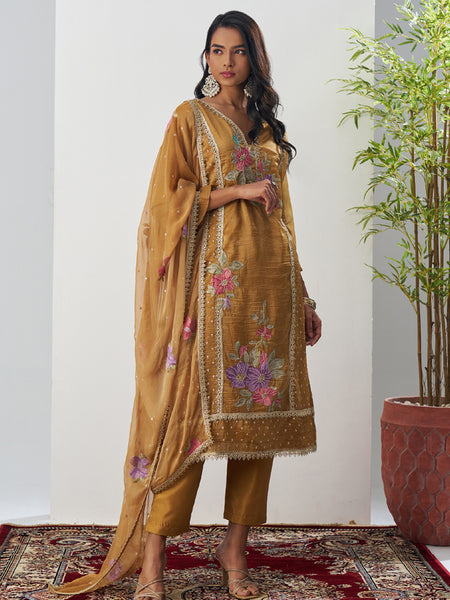 Mustard Fancy Crust Top Embroidered Salwar Suit